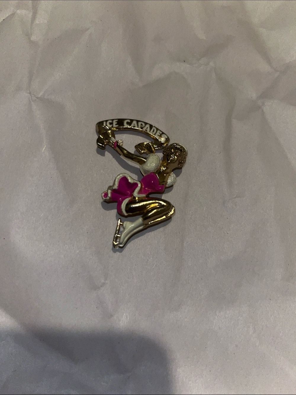 Ice Capades 1950’s Figure Skater Pin Brooch in Gold and Fuchsia -